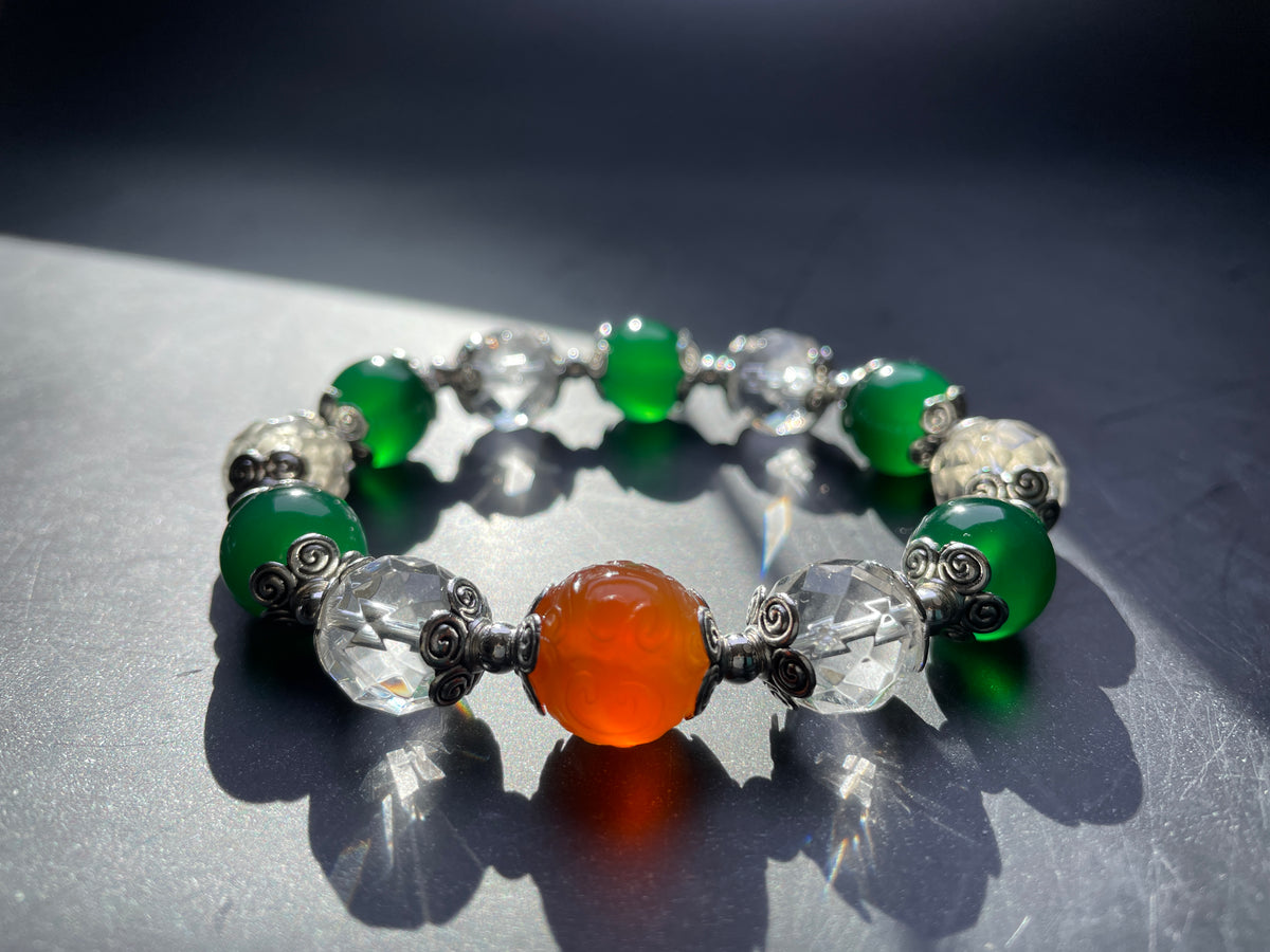 Genuine Green Agate/Clear Quartz Bracelet 12mm, Crystal Bead Jewelry, Natural Healing Stone Gemstone Red Agate