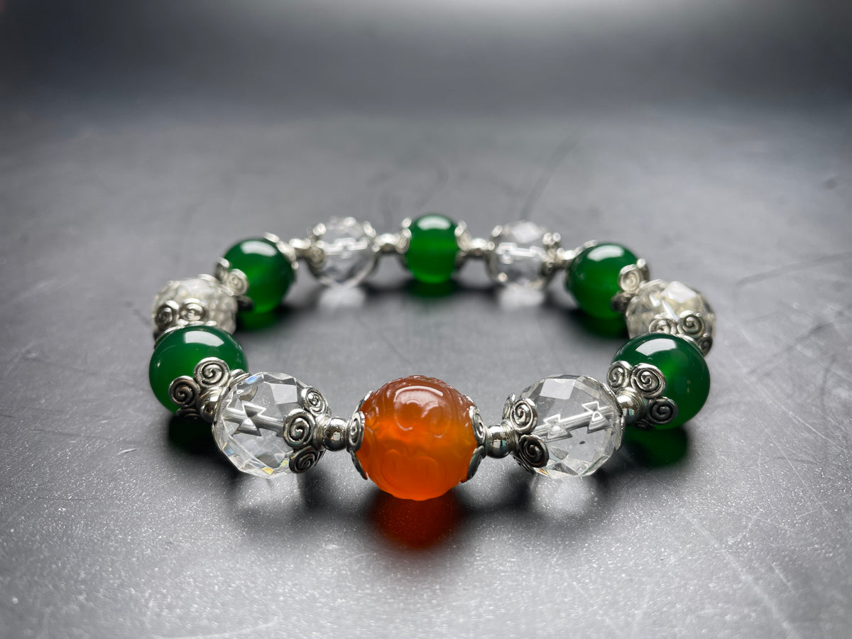 Genuine Green Agate/Clear Quartz Bracelet 12mm, Crystal Bead Jewelry, Natural Healing Stone Gemstone Red Agate