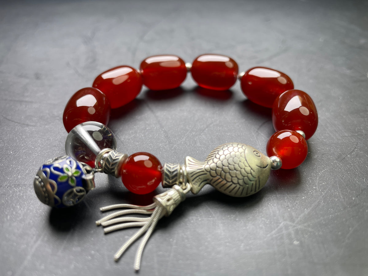 Genuine Red Agate 18mm Bracelet, Natural Clear Quartz 14mm, Healing Cystal Stone Gemstone Jewelry