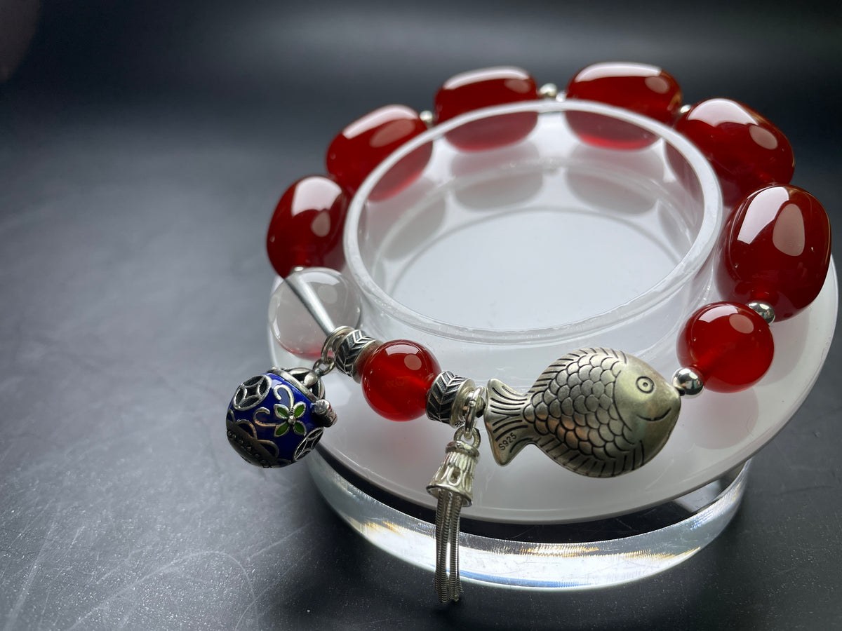 Genuine Red Agate 18mm Bracelet, Natural Clear Quartz 14mm, Healing Cystal Stone Gemstone Jewelry