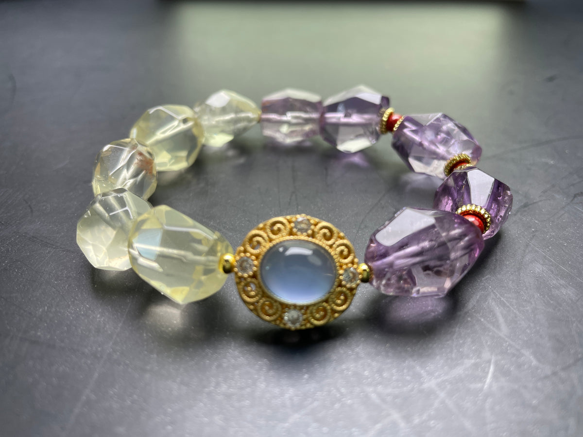 Genuine Amethyst, Citrine Crystal Bracelet 16mm 14mm, Natural Healing Stone Gemstone Bead Jewelry Purple Yellow