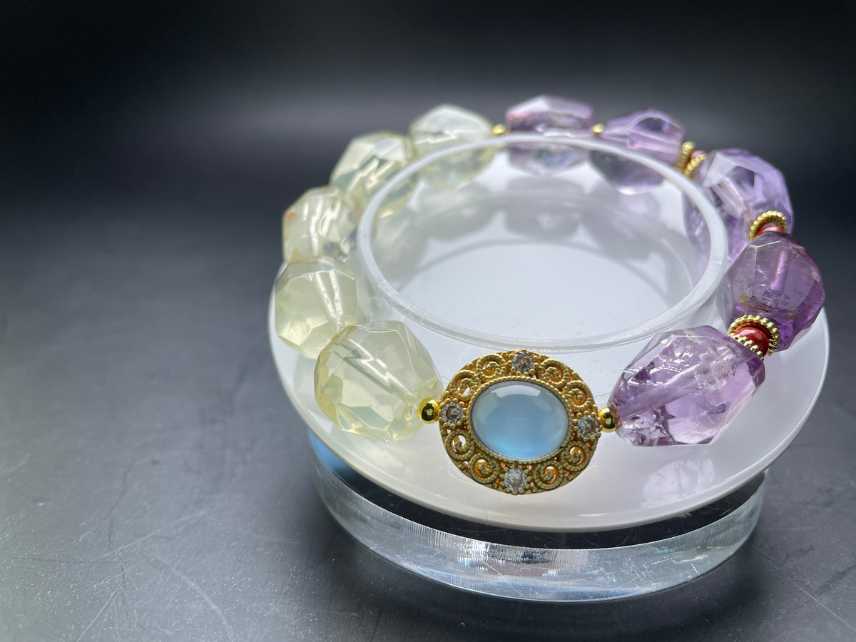 Genuine Amethyst, Citrine Crystal Bracelet 16mm 14mm, Natural Healing Stone Gemstone Bead Jewelry Purple Yellow