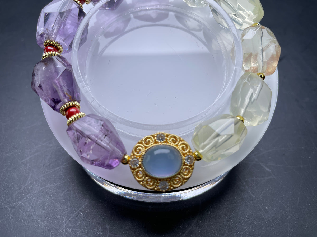 Genuine Amethyst, Citrine Crystal Bracelet 16mm 14mm, Natural Healing Stone Gemstone Bead Jewelry Purple Yellow