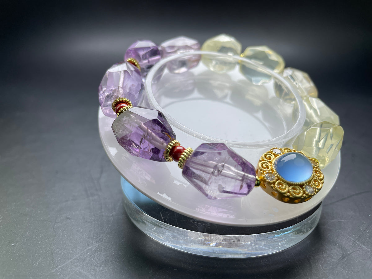 Genuine Amethyst, Citrine Crystal Bracelet 16mm 14mm, Natural Healing Stone Gemstone Bead Jewelry Purple Yellow