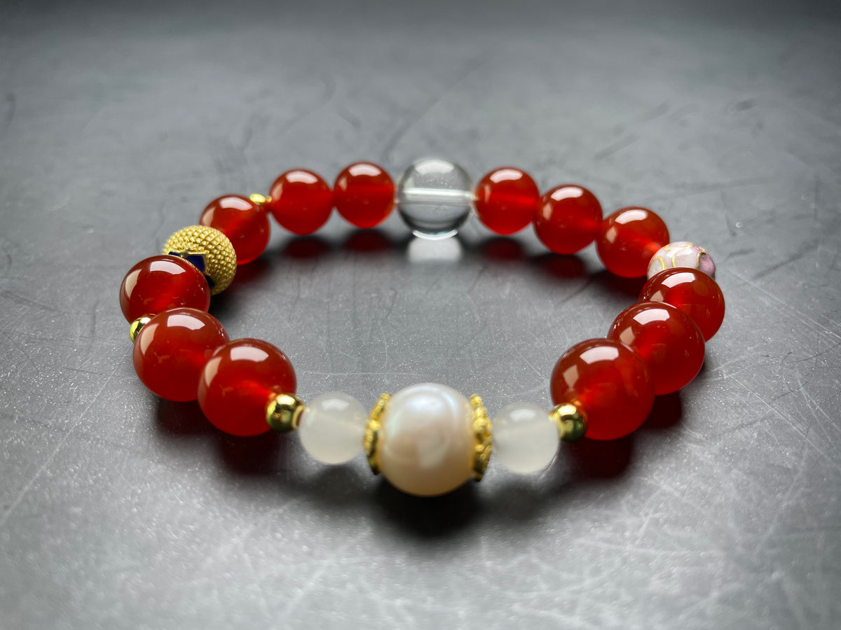Genuine Red Agate 10mm Bracelet, Natural Clear Quartz 13mm, Healing Cystal Stone Gemstone Jewelry