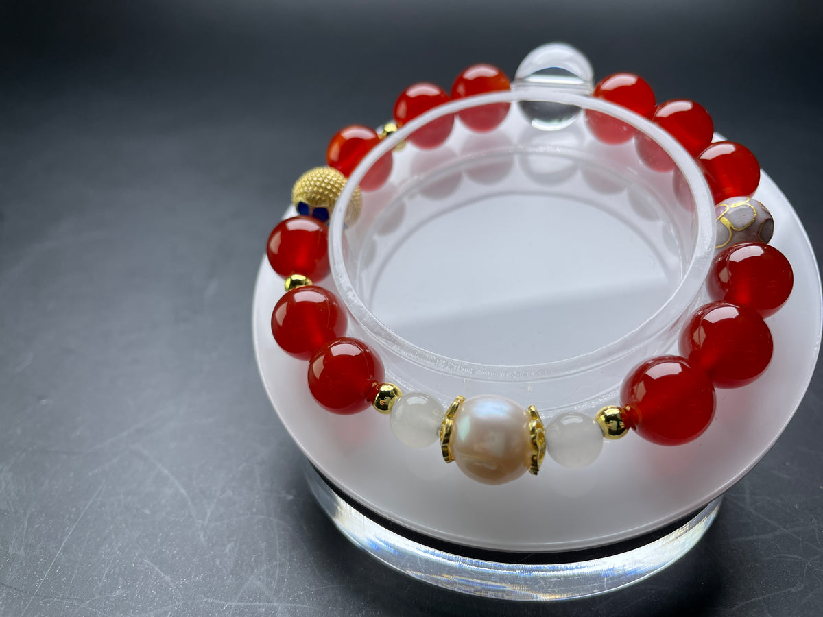Genuine Red Agate 10mm Bracelet, Natural Clear Quartz 13mm, Healing Cystal Stone Gemstone Jewelry