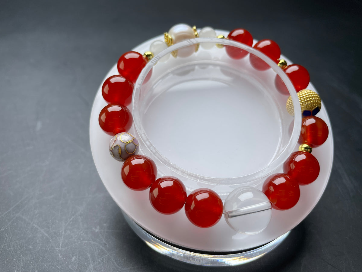 Genuine Red Agate 10mm Bracelet, Natural Clear Quartz 13mm, Healing Cystal Stone Gemstone Jewelry