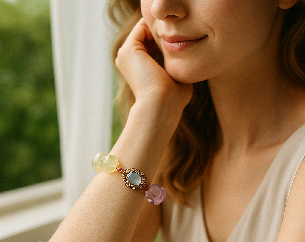 Genuine Amethyst, Citrine Crystal Bracelet 16mm 14mm, Natural Healing Stone Gemstone Bead Jewelry Purple Yellow