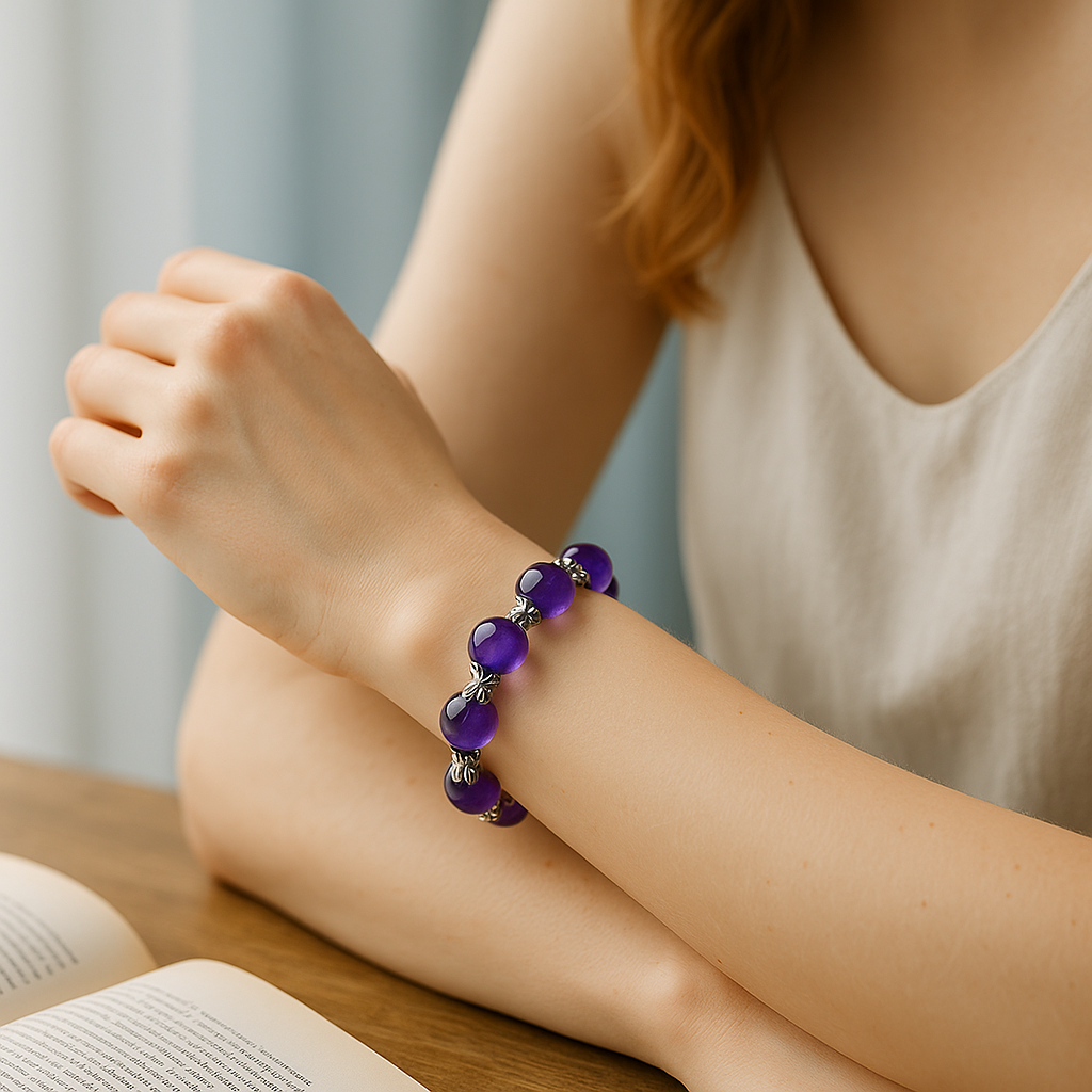 Genuine Amethyst Crystal Bracelet 12mm Purple Bead Jewelry, Healing Natural Stone Gemstone Jewellery