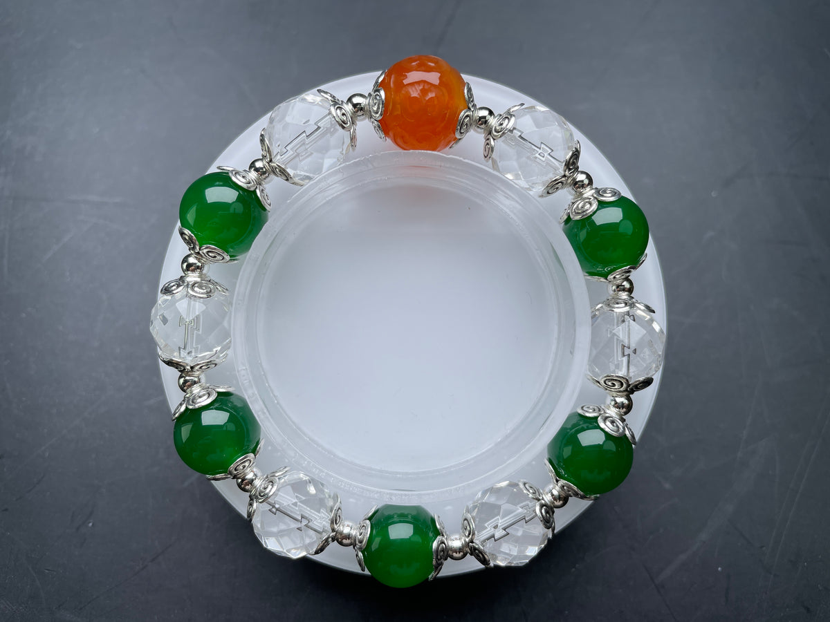 Genuine Green Agate/Clear Quartz Bracelet 12mm, Crystal Bead Jewelry, Natural Healing Stone Gemstone Red Agate